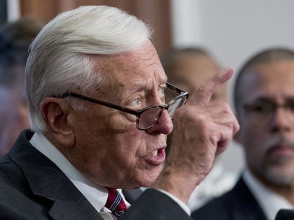 House Majority Leader Steny Hoyer of Md., left, accompanied by Rep. Anthony Brown, D-Md., right, speaks at a news conference calling for Senate action on H.R. 8 - Bipartisan Background Checks Act of 2019 on Capitol Hill in Washington, Tuesday, Aug. 13, 2019. (AP Photo/Andrew Harnik)
