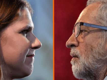 (L) LONDON, ENGLAND - AUGUST 15: Jo Swinson, leader of the Liberal Democrats gives her first speech as leader on August 15, 2019 in London, England. Jo Swinson has dismissed Labour leader Jeremy Corbyn's plan to install him as caretaker prime minister saying the plan is "nonsense” and he is …