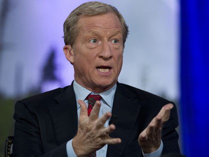 Democratic presidential candidate and businessman Tom Steyer speaks during the Climate Forum at Georgetown University, Friday, Sept. 20, 2019, in Washington. (AP Photo/Jose Luis Magana)