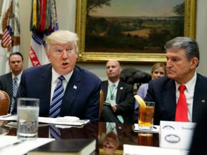 President Donald Trump, flanked by Sen. Heidi Heitkamp, D-N.D., left, and Sen. Joe Manchin, D-W.Va., speaks during a meeting with Senators on his Supreme Court Justice nominee Neil Gorsuch, Thursday, Feb. 9, 2017, in the Roosevelt Room of the White House in Washington. (AP Photo/Evan Vucci)