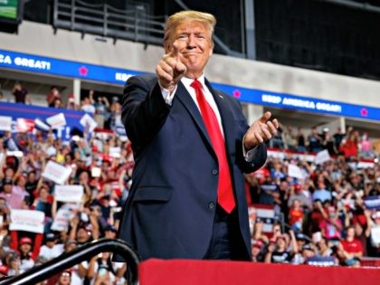 President Donald Trump arrives to speak at a campaign rally at the Santa Ana Star Center, Monday, Sept. 16, 2019, in Rio Rancho, N.M. (AP Photo/Evan Vucci)
