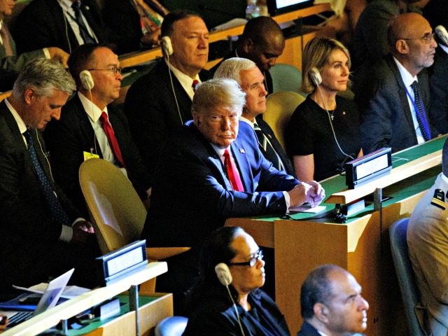 President Donald Trump listens during the the United Nations Climate Action Summit during the General Assembly, Monday, Sept. 23, 2019, in New York. From left, National security adviser Robert C. O'Brien, White House chief of staff Mick Mulvaney, Secretary of State Mike Pompeo, Trump, Vice President Mike Pence, and U.S. …