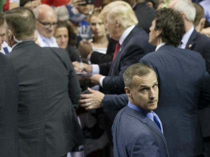 Republican presidential candidate Donald Trump's campaign manager Corey Lewandowski walks a rope line as the candidate signs autographs during a campaign stop at the First Niagara Center, Monday, April 18, 2016, in Buffalo, N.Y. (AP Photo/John Minchillo)