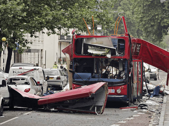 LONDON - JULY 08: A view of the bus destroyed by a bomb in Woburn Place on July 8, 2005 in London. Up to 50 people were killed and 700 injured during morning rush hour terrorist attacks yesterday. (Photo by Peter Macdiarmid/Getty Images)