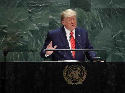 NEW YORK, NY - SEPTEMBER 24: U.S. President Donald Trump addresses the United Nations General Assembly at UN headquarters on September 24, 2019 in New York City. World leaders from across the globe are gathered at the 74th session of the UN General Assembly, amid crises ranging from climate change …