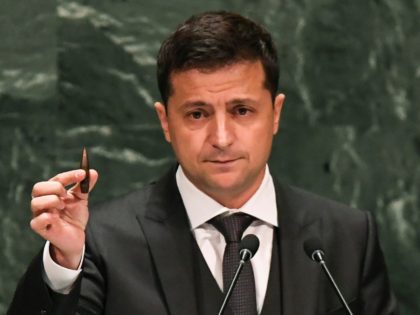 TOPSHOT - Ukraine President Volodymyr Zelensky speaks during the 74th Session of the General Assembly during the United Nations General Assembly September 25, 2019. (Photo by TIMOTHY A. CLARY / AFP) (Photo credit should read TIMOTHY A. CLARY/AFP/Getty Images)