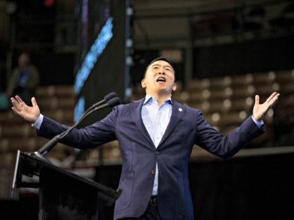 MANCHESTER, NH - SEPTEMBER 07: Democratic presidential candidate, entrepreneur Andrew Yang reacts as he goes on stage during the New Hampshire Democratic Party Convention at the SNHU Arena on September 7, 2019 in Manchester, New Hampshire. Nineteen presidential candidates will be attending the New Hampshire Democratic Party convention for the …