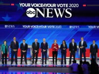 From left, Democratic presidential candidates Sen. Amy Klobuchar, D-Minn., Sen. Cory Booker, D-N.J., South Bend Mayor Pete Buttigieg, Sen. Bernie Sanders, I-Vt., former Vice President Joe Biden, Sen. Elizabeth Warren, D-Mass., Sen. Kamala Harris, D-Calif., entrepreneur Andrew Yang, former Texas Rep. Beto O'Rourke and former Housing Secretary Julian Castro are …