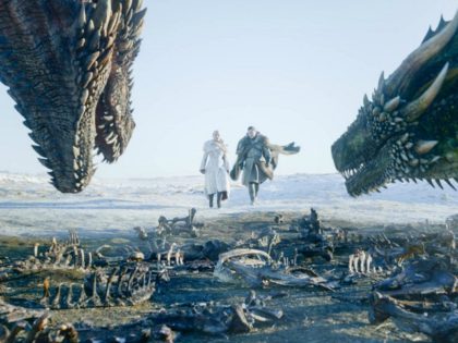 This image released by HBO shows Emilia Clarke, left, and Kit Harington in a scene from th
