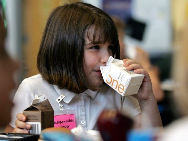 Morgan Barnett, 7, drinks from containers of one percent milk and chocolate milk during lu