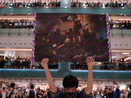 A man holds a poster as others gather at a shopping mall in the Shatin area of Hong Kong o