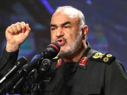 Iranian Revolutionary Guards commander Major General Hossein Salami speaks at Tehran's Islamic Revolution and Holy Defence museum, during the unveiling of an exhibition of what Iran says are US and other drones captured in its territory, in the capital Tehran on September 21, 2019. - Iran's Revolutionary Guards commander today …