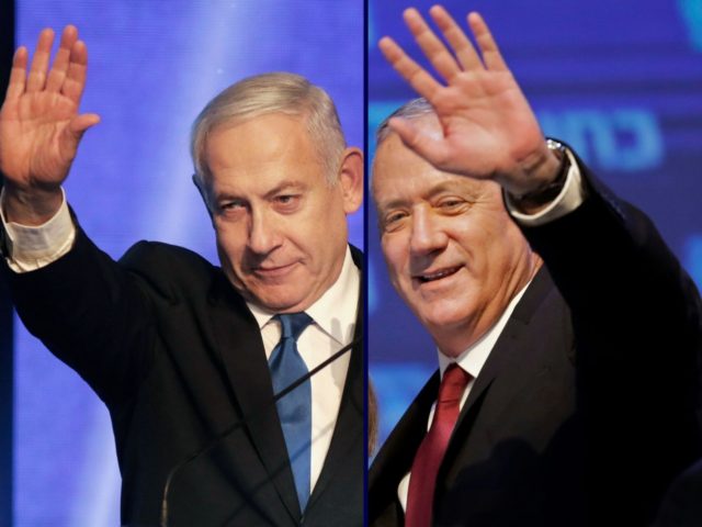 This combination picture created on September 18, 2019 shows, Benny Gantz (R), leader and candidate of the Israel Resilience party that is part of the Blue and White (Kahol Lavan) political alliance, waving to supporters in Tel Aviv early on September 18, 2019, and Israeli Prime Minister Benjamin Netanyahu addressesing …