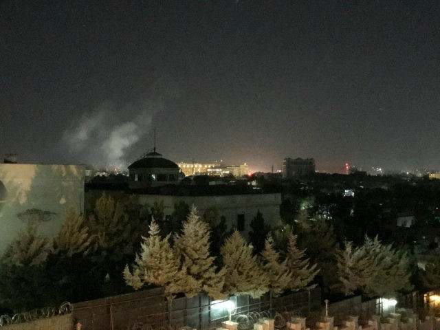 A plume of smoke rises near the U.S. Embassy in Kabul, Afghanistan on Wednesday, Sept. 11,