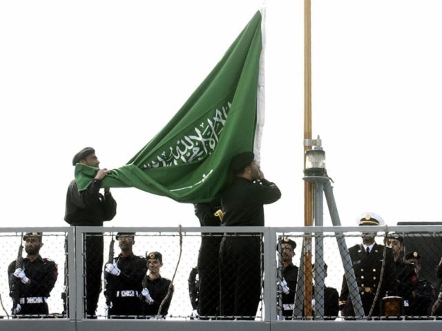 TOULON, FRANCE: Saudi Navy marines raise the Saudi flag aboard frigate "Mecca", 03 April 2