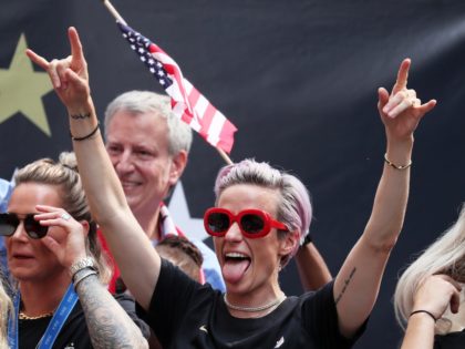 NEW YORK, NEW YORK - JULY 10: Megan Rapinoe celebrates during the U.S. Women's National Soccer Team Victory Parade and City Hall Ceremony on July 10, 2019 in New York City. (Photo by Al Bello/Getty Images)