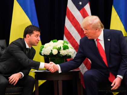 US President Donald Trump and Ukrainian President Volodymyr Zelensky shake hands during a meeting in New York on September 25, 2019, on the sidelines of the United Nations General Assembly. (Photo by SAUL LOEB / AFP) (Photo credit should read SAUL LOEB/AFP/Getty Images)