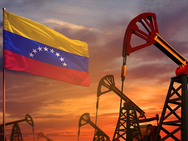 Venezuela oil industry concept. Industrial illustration - Venezuela flag and oil wells with the red and blue sunset or sunrise sky background - 3D illustration - stock photo