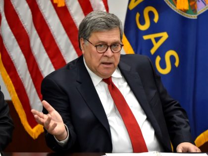 TOPEKA, KANSAS - OCTOBER 02: Attorney General William P. Barr speaks to Kansas law enforcement officials at the Kansas Bureau of Investigation Forensic Science Center on October 02, 2019 in Topeka, Kansas. Barr was invited to the round table discussion by Senator Jerry Moran (R-KS) where they discussed the state …