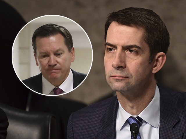 (INSET: Intelligence Community Inspector General Michael Atkinson) Sen. Tom Cotton, R-Ark., listens during a Senate Armed Services Committee hearing on Capitol Hill in Washington, Thursday, Jan. 25, 2018, on global challenges and U.S. national security strategy. The witnesses were former Secretary of State Henry Kissinger, former Secretary of State George …