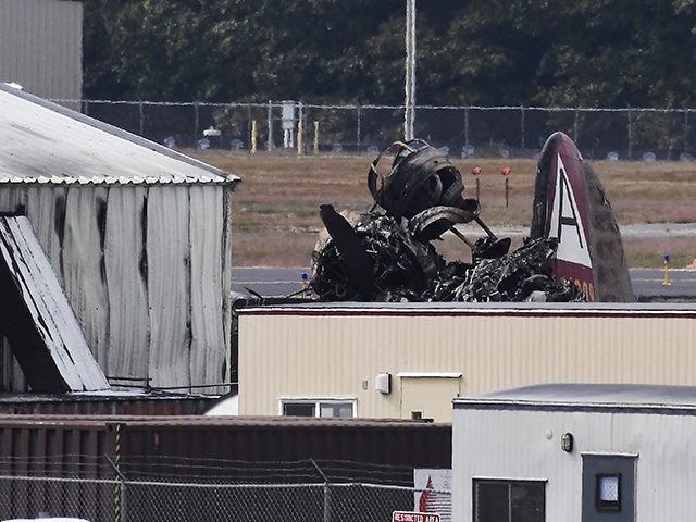 Wreckage is seen where World War II-era bomber plane crashed at Bradley International Airp