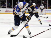 St. Louis Blues center Oskar Sundqvist controls the puck against the New York Islanders during the first period of an NHL hockey game, Monday, Oct. 14, 2019, in Uniondale, N.Y. (AP Photo/Kathleen Malone-Van Dyke)