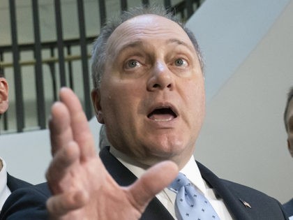 House Minority Whip Steve Scalise, R-La., flanked by Rep. Russ Fulcher, R-Idaho, left, and