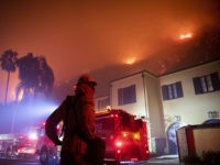 A firefighter watches a flames approach the Mandeville Canyon neighborhood during the Getty fire, Monday, Oct. 28, 2019, in Los Angeles, Calif. (AP Photo/ Christian Monterrosa)