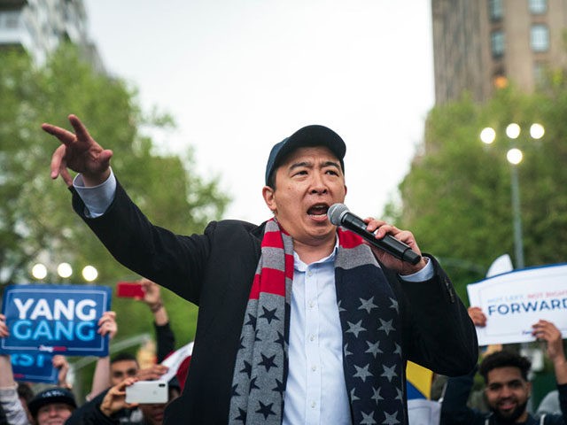 NEW YORK, NY - MAY 14: Democratic presidential candidate Andrew Yang speaks during a rally