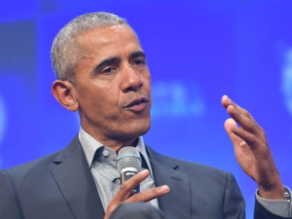 MUNICH, GERMANY - SEPTEMBER 29: Former U.S. President Barack Obama speaks at the opening of the Bits & Pretzels meetup on September 29, 2019 in Munich, Germany. The annual event brings together founders and startups from across the globe for three days of networking, talks and inspiration. during the "Bits …
