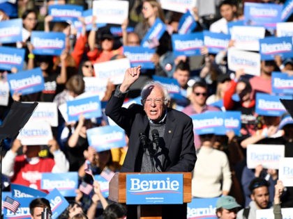 2020 Democratic presidential hopeful US Senator Bernie Sanders (D-VT) speaks to supporters