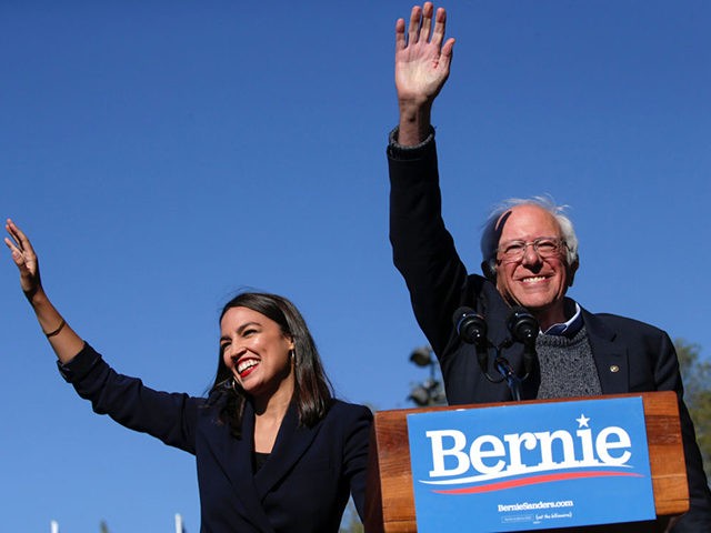 fracking -- NEW YORK, NY - OCTOBER 19: Democratic presidential candidate, Sen. Bernie Sanders (I-VT) waves with Rep. Alexandria Ocasio-Cortez (D-NY) as she endorses him during his speech at a campaign rally in Queensbridge Park on October 19, 2019 in the Queens borough of New York City. This is Sanders' …