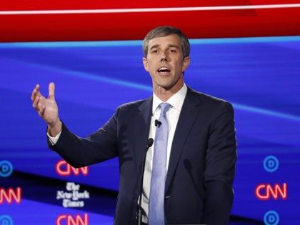 Democratic presidential candidate former Texas Rep. Beto O'Rourke participates in a Democratic presidential primary debate hosted by CNN/New York Times at Otterbein University, Tuesday, Oct. 15, 2019, in Westerville, Ohio. (AP Photo/John Minchillo)