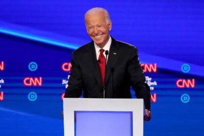 WESTERVILLE, OHIO - OCTOBER 15: Former Vice President Joe Biden smiles during the Democratic Presidential Debate at Otterbein University on October 15, 2019 in Westerville, Ohio. A record 12 presidential hopefuls are participating in the debate hosted by CNN and The New York Times. (Photo by Win McNamee/Getty Images)