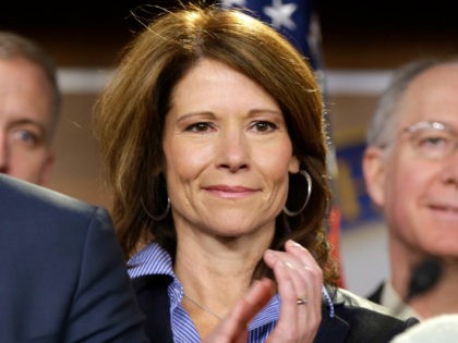 Rep.-elect Cheri Bustos D-Ill. is seen on stage during a news conference with newly elected Democratic House members, on Capitol Hill in Washington, Tuesday, Nov. 13, 2012. (AP Photo/Pablo Martinez Monsivais)
