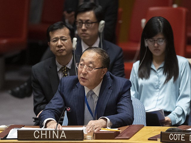 Chinese Ambassador to the United Nations Zhang Jun speaks during a Security Council meetin