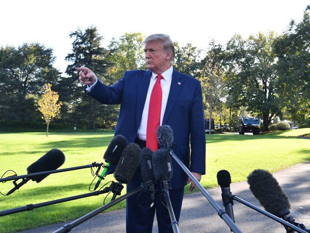 US President Donald Trump gestures as he speaks to the media prior to departing from the South Lawn of the White House in Washington, DC on October 10, 2019 on his way to Minnesota for a rally. (Photo by Nicholas Kamm / AFP) (Photo by NICHOLAS KAMM/AFP via Getty Images)