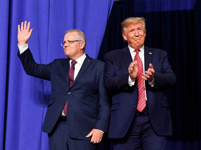 US President Donald Trump and Australian Prime Minister Scott Morrison arrive to speak during a visit to Pratt Industries plant opening in Wapakoneta, Ohio on September 22, 2019. (Photo by SAUL LOEB / AFP) (Photo credit should read SAUL LOEB/AFP/Getty Images)