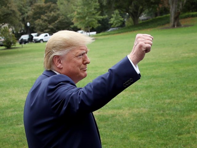 WASHINGTON, DC - OCTOBER 03: U.S. President Donald Trump pumps his fist while departing the White House on October 03, 2019 in Washington, DC. Trump is scheduled to travel to Florida today before returning to Washington later this evening. (Photo by Win McNamee/Getty Images)