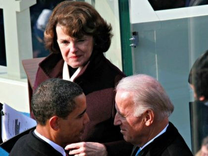 WASHINGTON - JANUARY 20: Vice President-elect Joseph R. Biden shakes hand with President Barack Obama as Diane Feinstein looks on from the West Front of the Capitol January 20, 2009 in Washington, DC. Obama becomes the first African-American to be elected to the office of President in the history of …