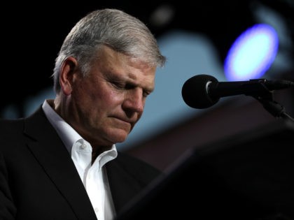 Rev. Franklin Graham speaks during Franklin Graham's "Decision America" California tour at the Stanislaus County Fairgrounds on May 29, 2018 in Turlock, California. Rev. Franklin Graham is touring California for the weeks leading up to the California primary election on June 5th with a message for evangelicals to vote. (Photo …