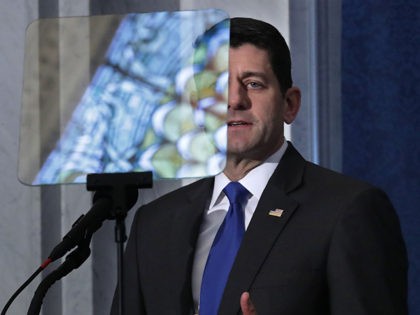 WASHINGTON, DC - DECEMBER 19: With the stained glass ceiling reflected in his TelePrompter, Speaker of the House Paul Ryan (R-WI) delivers a farewell address in the Great Hall of the Library of Congress Jefferson Building on Capitol Hill December 19, 2018 in Washington, DC. While steering the House of …