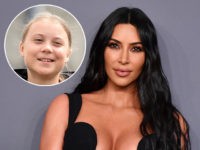 (INSET: Greta Thunberg) US media personality Kim Kardashian West arrives to attend the amfAR Gala New York at Cipriani Wall Street in New York City on February 6, 2019. (Photo by ANGELA WEISS / AFP) (Photo credit should read ANGELA WEISS/AFP/Getty Images)
