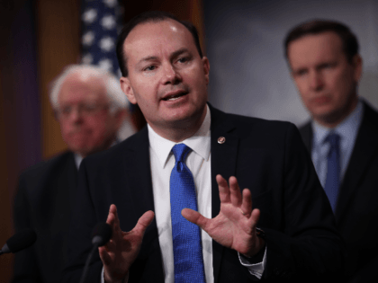 Sen. Mike Lee (R-UT) speaks during a press conference at the U.S. Capitol January 30, 2019 in Washington, DC. Sen. Bernie Sanders (L) (I-VT) and other members of the U.S. Senate and House of Representatives called for the reintroduction of a resolution “to end U.S. support for the Saudi-led war …
