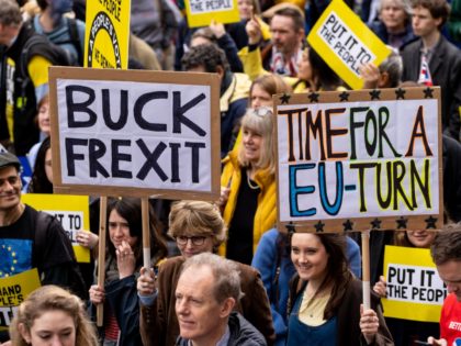 People hold up placards as they attend a march and rally organised by the pro-European People's Vote campaign for a second referendum in central London on March 23, 2019. - Hundreds of thousands of pro-Europeans from across Britain were expected to march through London on Saturday calling for another referendum …