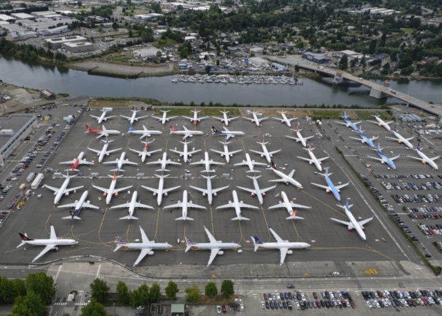 SEATTLE, WA - JUNE 27: Boeing 737 MAX airplanes are stored on employee parking lots near B