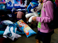 An attendee walks past a vendor selling pillows during the BronyCon convention, a gathering for "My Little Pony" fans, at the Baltimore Convention centre in Baltimore, Maryland on August 1, 2019. - BronyCon is an annual fan convention held for fans of "My Little Pony: Friendship Is Magic," among them …
