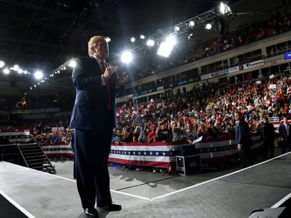 US President Donald Trump speaks during a "Keep America Great" campaign rally at the SNHU