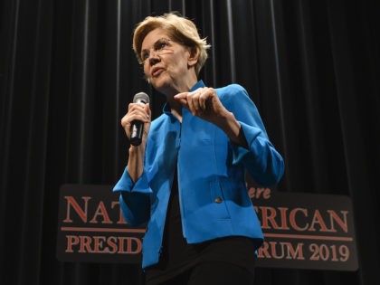Democratic Presidential Candidates Attend Frank LaMere Native American Presidential Forum In Iowa SIOUX CITY, IA - AUGUST 19: Democratic presidential candidate Sen. Elizabeth Warren (D-MA) speaks at the Frank LaMere Native American Presidential Forum on August 19, 2019 in Sioux City, Iowa. Warren was introduced by Rep. Deb Haaland (D-NM) who she has co-sponsored legislation with to help the Native American community. …