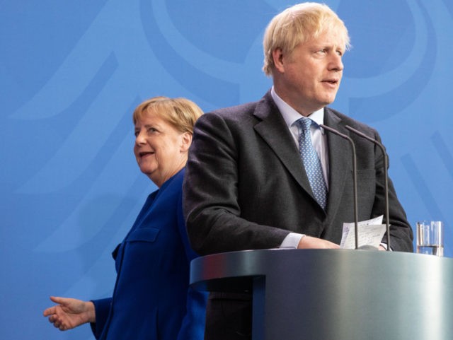 BERLIN, GERMANY - AUGUST 21: British Prime Minister Boris Johnson and German Chancellor Angela Merkel attend a joint press conference following Johnson's arrival at the Chancellery on August 21, 2019 in Berlin, Germany. Johnson is meeting with Merkel in Berlin and French President Emmanuel Macron in Paris. The United Kingdom …